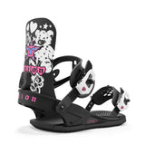 Union Women's Legacy Snowboard Bindings 2025 - A black snowboard binding with a pink logo and white lettering on the straps.