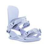 Union Women's Legacy Snowboard Bindings 2025 - A pair of white snowboard bindings with a black strap and silver screws.