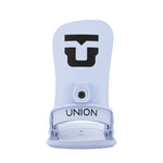 Union Women's Legacy Snowboard Bindings 2025 - A pair of light gray snowboard bindings with a black logo on top and a black strap buckle.