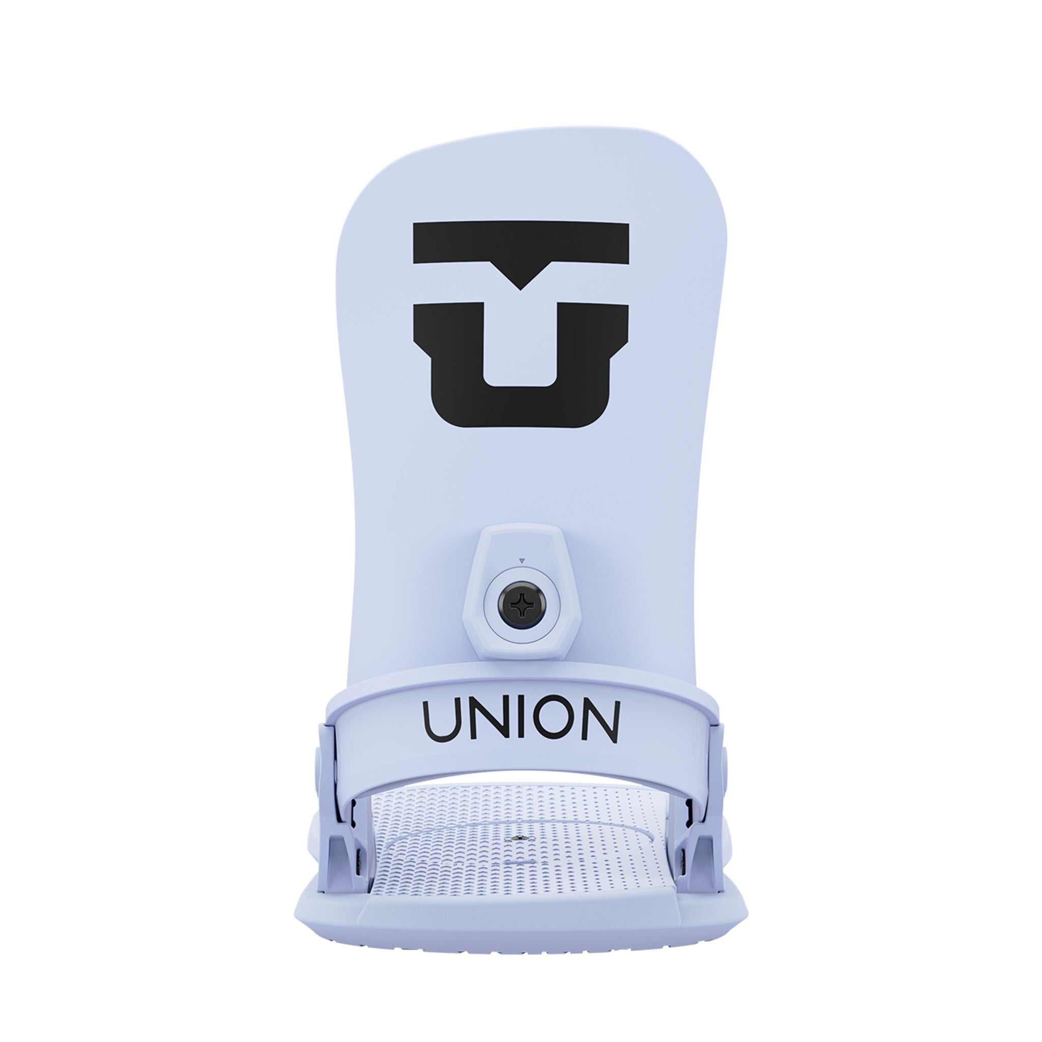 Union Women's Legacy Snowboard Bindings 2025 - A pair of light gray snowboard bindings with a black logo on top and a black strap buckle.