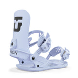 Union Women's Legacy Snowboard Bindings 2025 - A pair of white snowboard bindings with a black logo on the top plate.