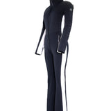 Obermeyer Women's Katze Insulated Suit 2025 - Black insulated suit with white accents on the side and a high collar.
