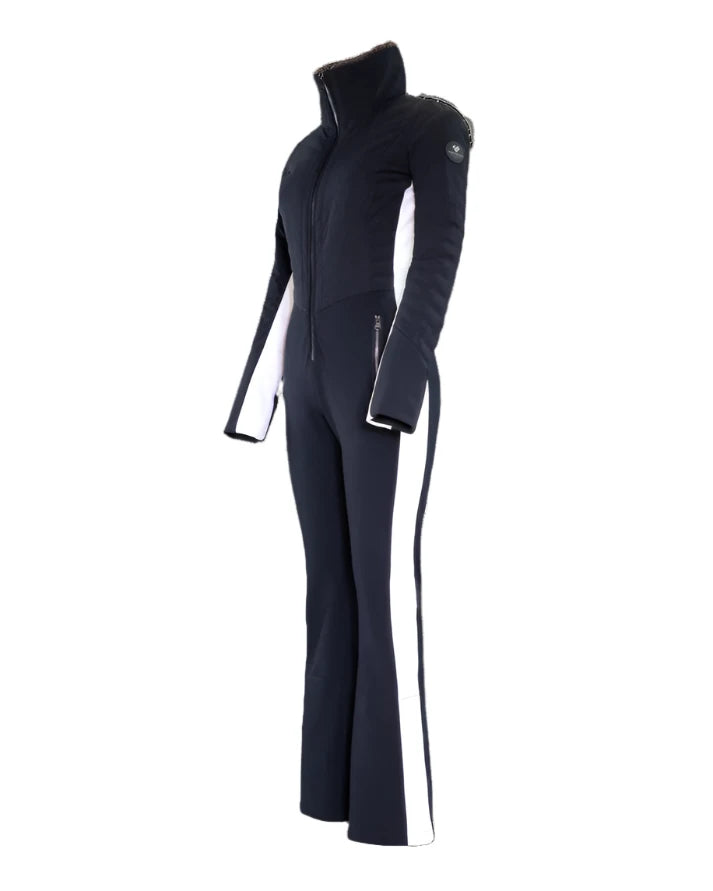 Obermeyer Women's Katze Insulated Suit 2025 - Black insulated suit with white accents on the side and a high collar.