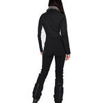 Obermeyer Women's Katze Insulated Suit 2025 - Black insulated ski suit with white accents on the side and a grey fur-lined collar.