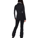 Obermeyer Women's Katze Insulated Suit 2025 - Black insulated ski suit with white accents on the side and a grey fur-lined collar.