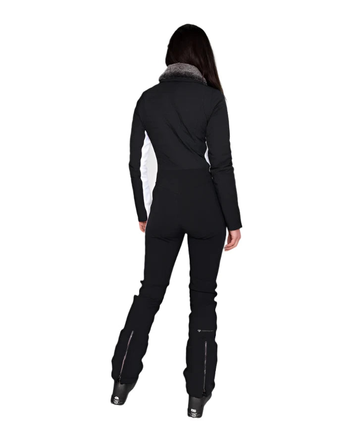 Obermeyer Women's Katze Insulated Suit 2025 - Black insulated ski suit with white accents on the side and a grey fur-lined collar.