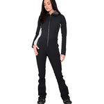 Obermeyer Women's Katze Insulated Suit 2025 - Black insulated snowsuit with white stripe on left sleeve and gray faux fur trim around collar.