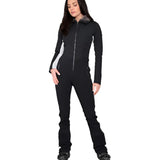 Obermeyer Women's Katze Insulated Suit 2025 - Black insulated snowsuit with white stripe on left sleeve and gray faux fur trim around collar.