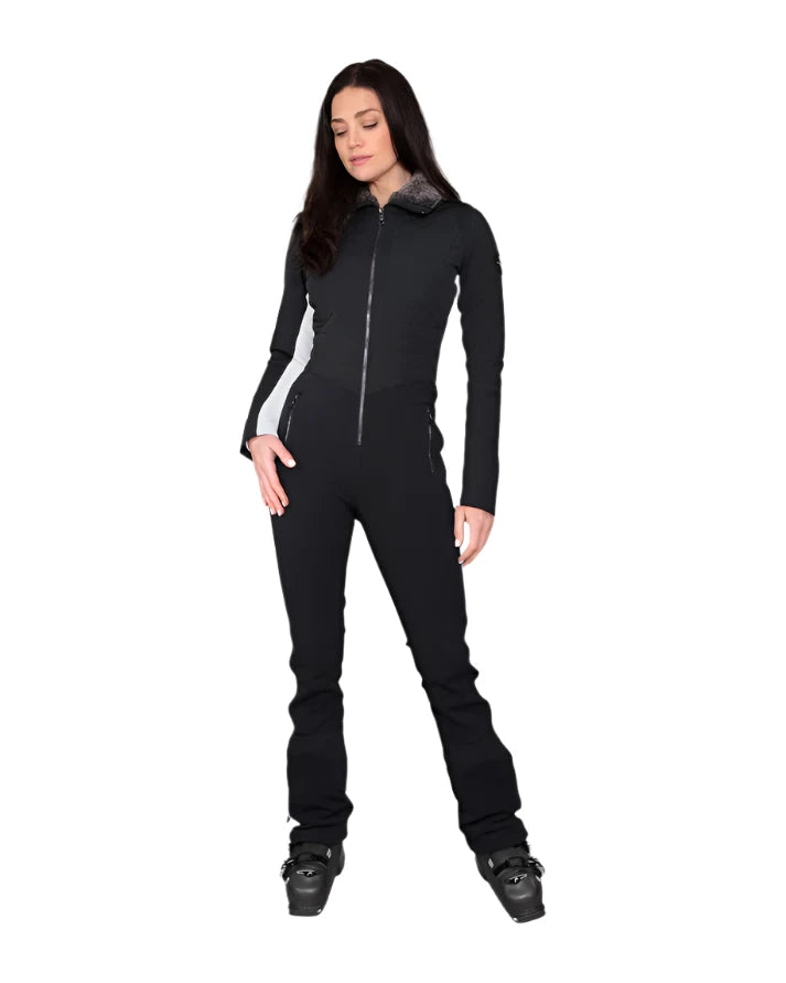Obermeyer Women's Katze Insulated Suit 2025 - Black insulated snowsuit with white stripe on left sleeve and gray faux fur trim around collar.