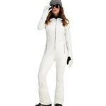 Obermeyer Women's Katze Insulated Suit 2025 - A white snowsuit with a black collar and zipper, featuring two zippered pockets on either side of the waist.