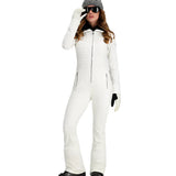Obermeyer Women's Katze Insulated Suit 2025 - A white snowsuit with a black collar and zipper, featuring two zippered pockets on either side of the waist.