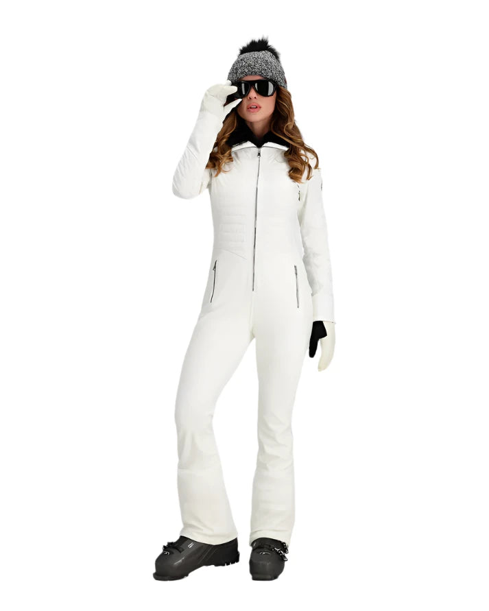 Obermeyer Women's Katze Insulated Suit 2025 - A white snowsuit with a black collar and zipper, featuring two zippered pockets on either side of the waist.