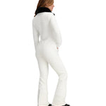 Obermeyer Women's Katze Insulated Suit 2025 - A white insulated ski suit with a black collar and zipper, featuring a zippered pocket on the right thigh.