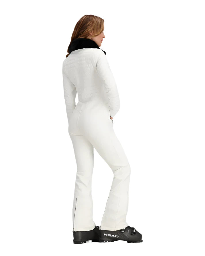 Obermeyer Women's Katze Insulated Suit 2025 - A white insulated ski suit with a black collar and zipper, featuring a zippered pocket on the right thigh.