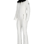 Obermeyer Women's Katze Insulated Suit 2025 - A white snowsuit with a black faux fur collar and zipper down the front.