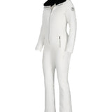 Obermeyer Women's Katze Insulated Suit 2025 - A white snowsuit with a black faux fur collar and zipper down the front.
