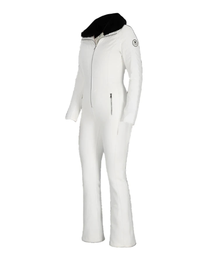 Obermeyer Women's Katze Insulated Suit 2025 - A white snowsuit with a black faux fur collar and zipper down the front.
