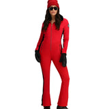 Obermeyer Women's Katze Insulated Suit 2025 - A red insulated suit with a black zipper and two zippered pockets on either side of the waist.