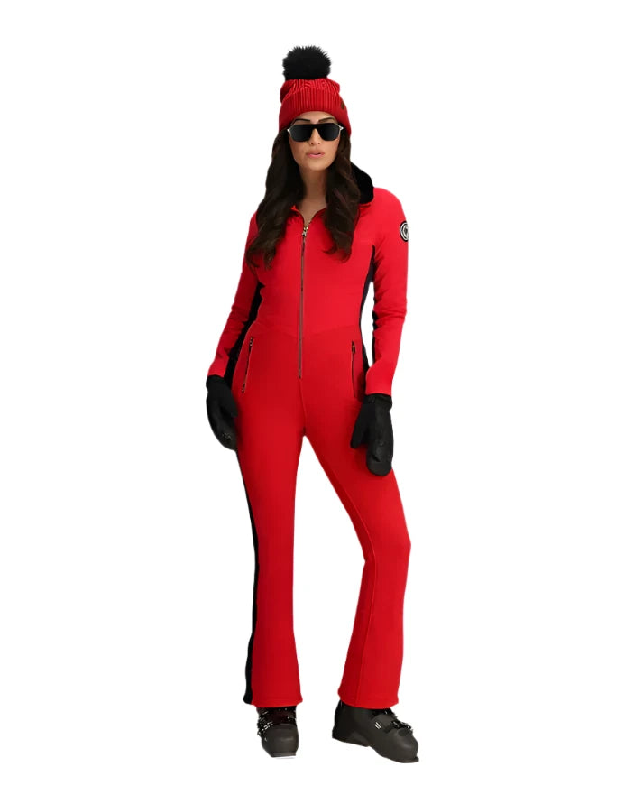 Obermeyer Women's Katze Insulated Suit 2025 - A red insulated suit with a black zipper and two zippered pockets on either side of the waist.