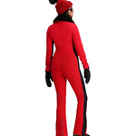 Obermeyer Women's Katze Insulated Suit 2025 - A red insulated suit with black trim and a black zipper on the back.