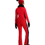 Obermeyer Women's Katze Insulated Suit 2025 - A red insulated suit with black trim and a black zipper on the back.