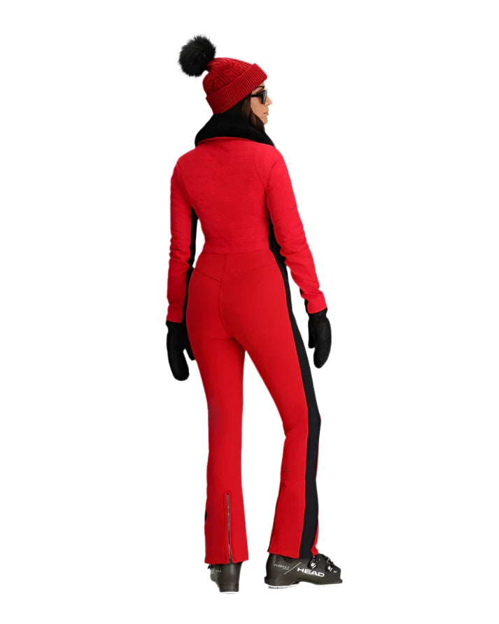 Obermeyer Women's Katze Insulated Suit 2025 - A red insulated suit with black trim and a black zipper on the back.
