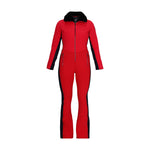 Obermeyer Women's Katze Insulated Suit 2025 - A red insulated suit with a black faux fur collar and black accents on the sides.