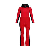 Obermeyer Women's Katze Insulated Suit 2025 - A red insulated suit with a black faux fur collar and black accents on the sides.