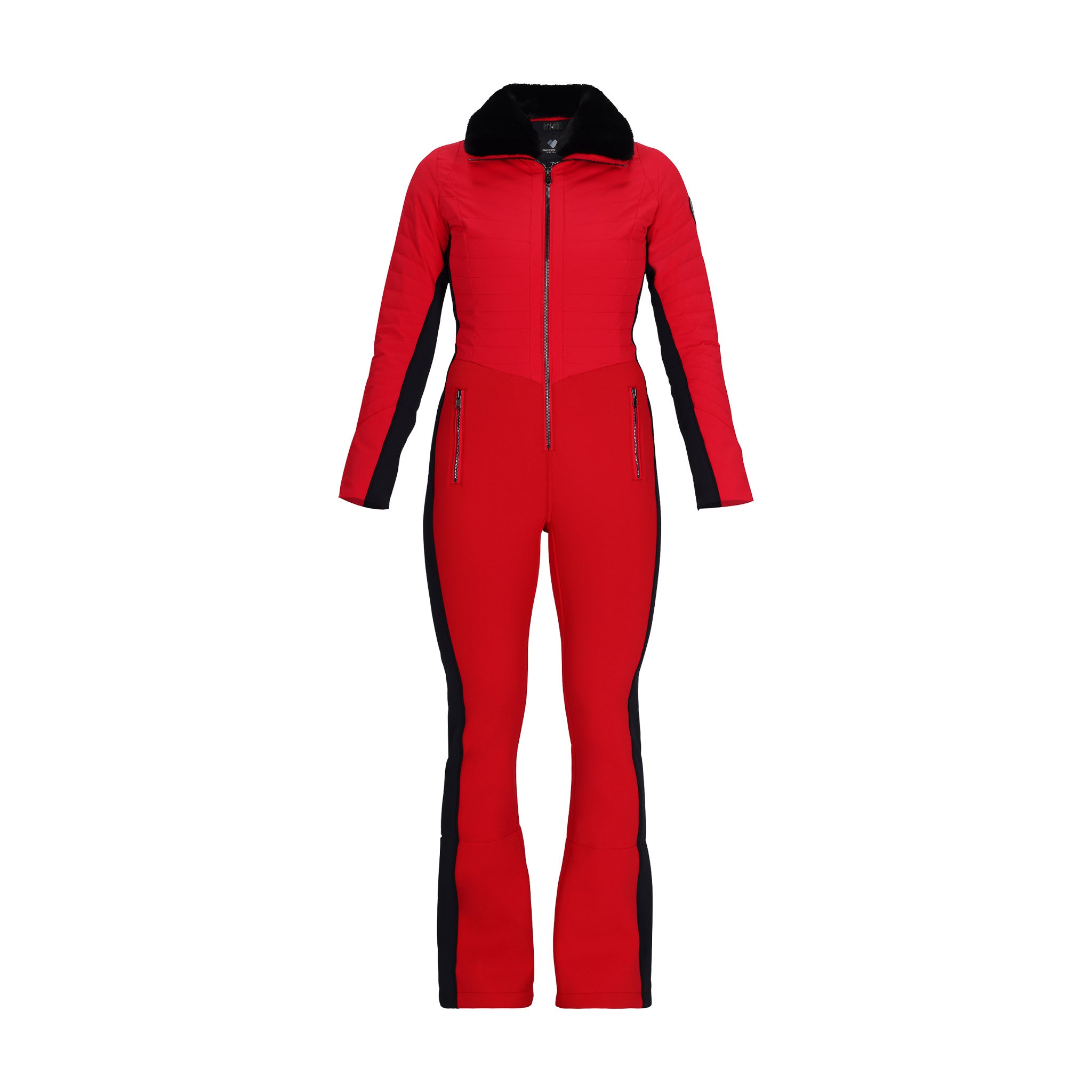 Obermeyer Women's Katze Insulated Suit 2025 - A red insulated suit with a black faux fur collar and black accents on the sides.