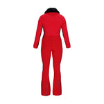 Obermeyer Women's Katze Insulated Suit 2025 - A red snowsuit with a black faux fur collar and silver zippers on the legs.