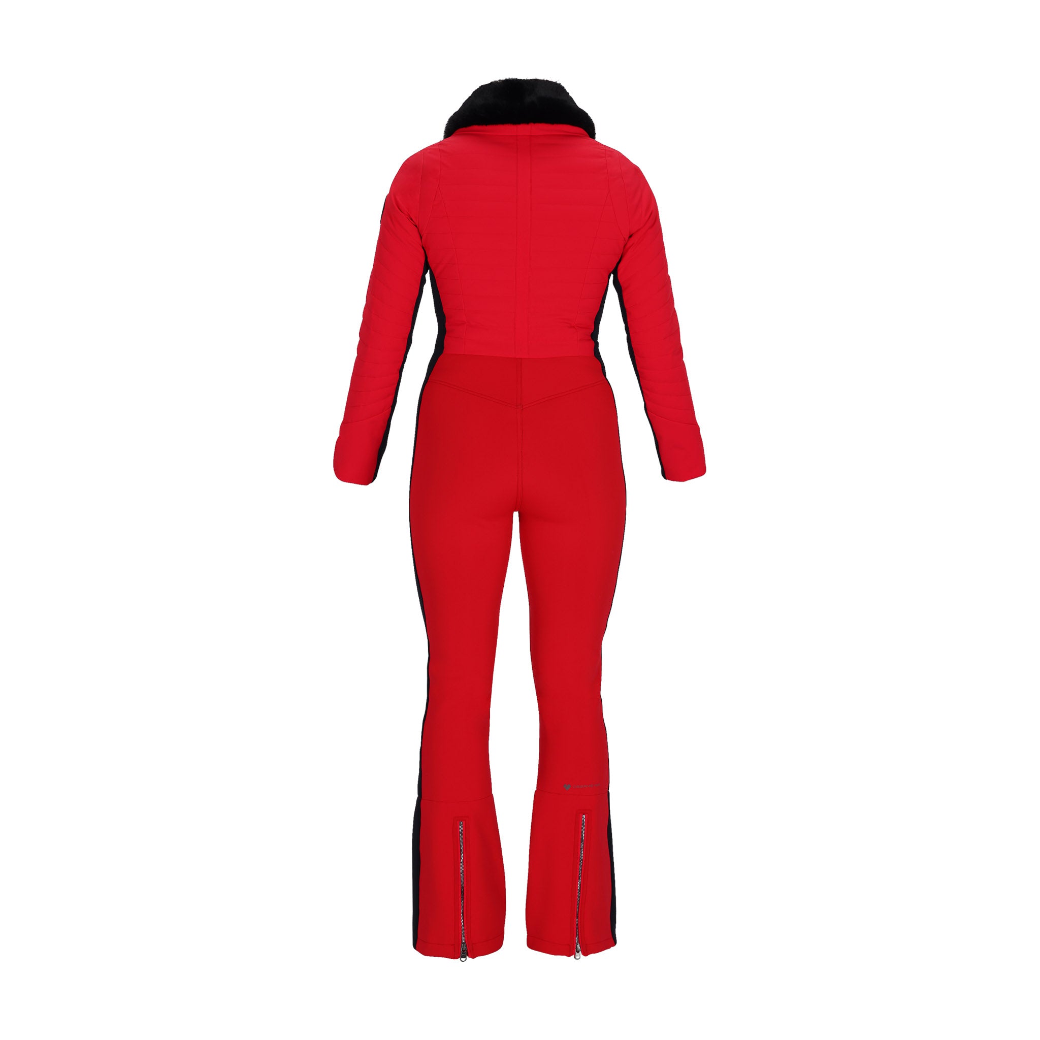 Obermeyer Women's Katze Insulated Suit 2025 - A red snowsuit with a black faux fur collar and silver zippers on the legs.