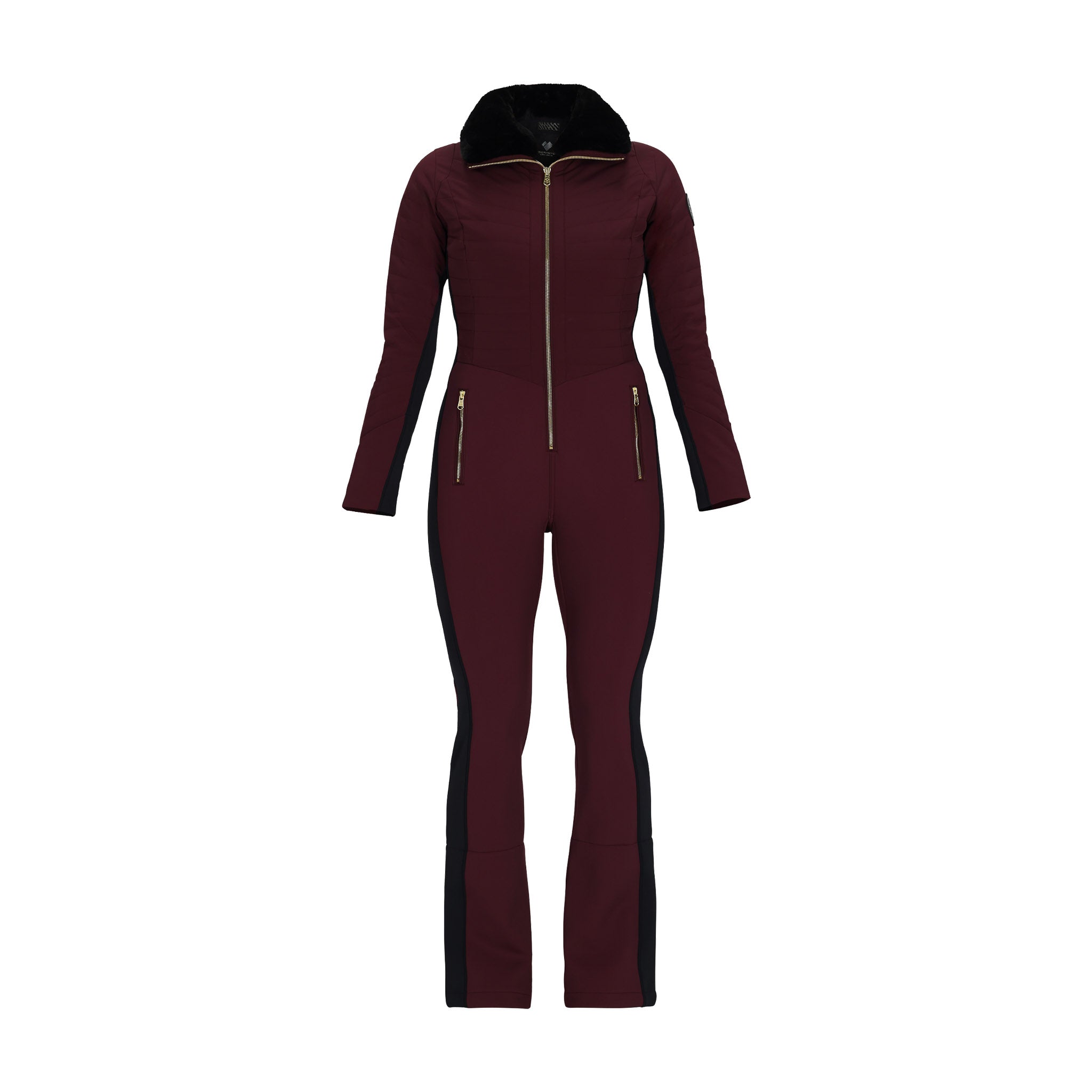 Obermeyer Women's Katze Insulated Suit 2025 - A burgundy insulated suit with a black faux fur-lined hood and gold zipper.