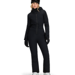 Women’s black insulated ski suit with hood and full front zipper, long sleeves, straight legs.