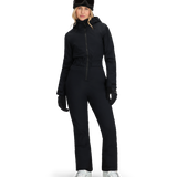 Women’s black insulated ski suit with hood and full front zipper, long sleeves, straight legs.