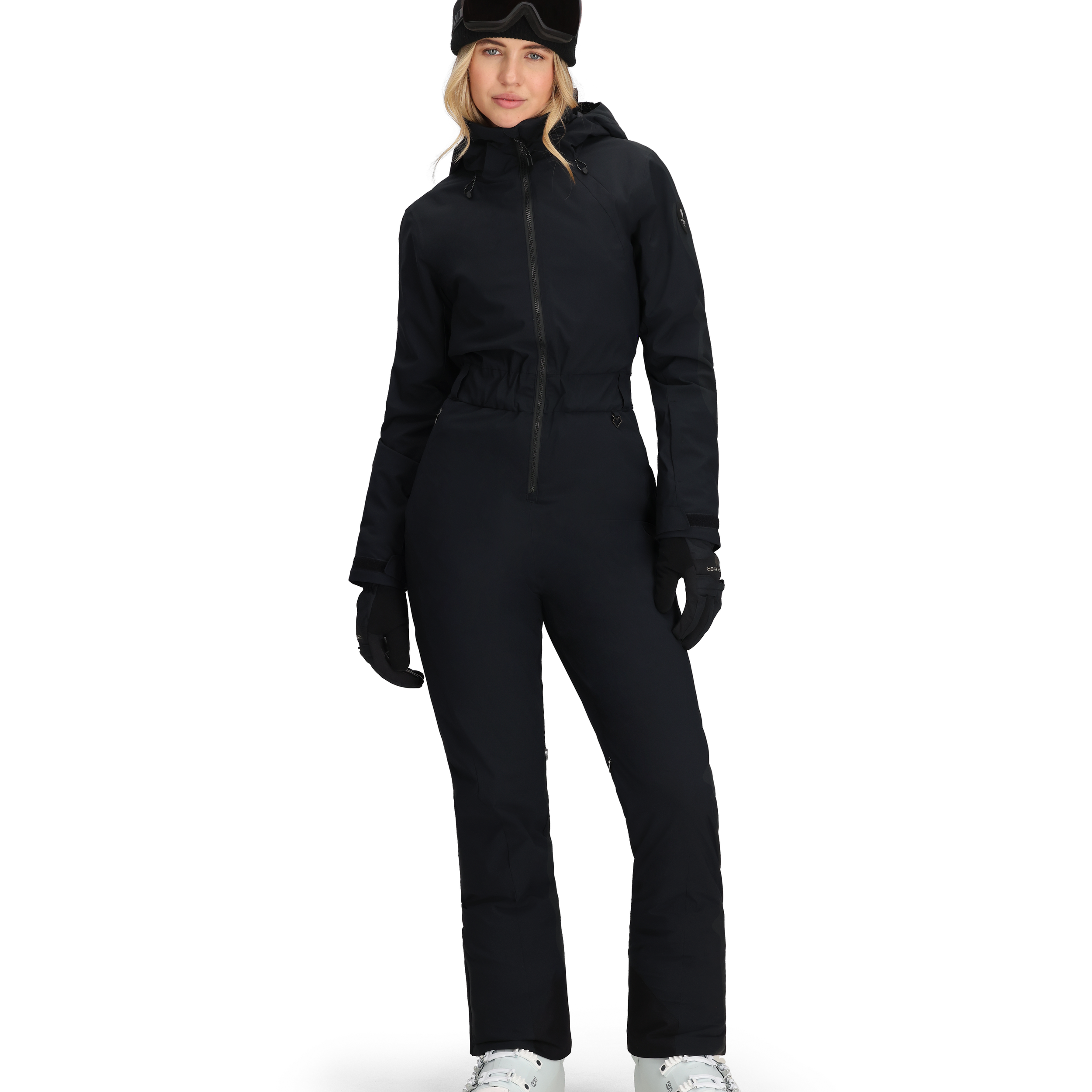 Women’s black insulated ski suit with hood and full front zipper, long sleeves, straight legs.