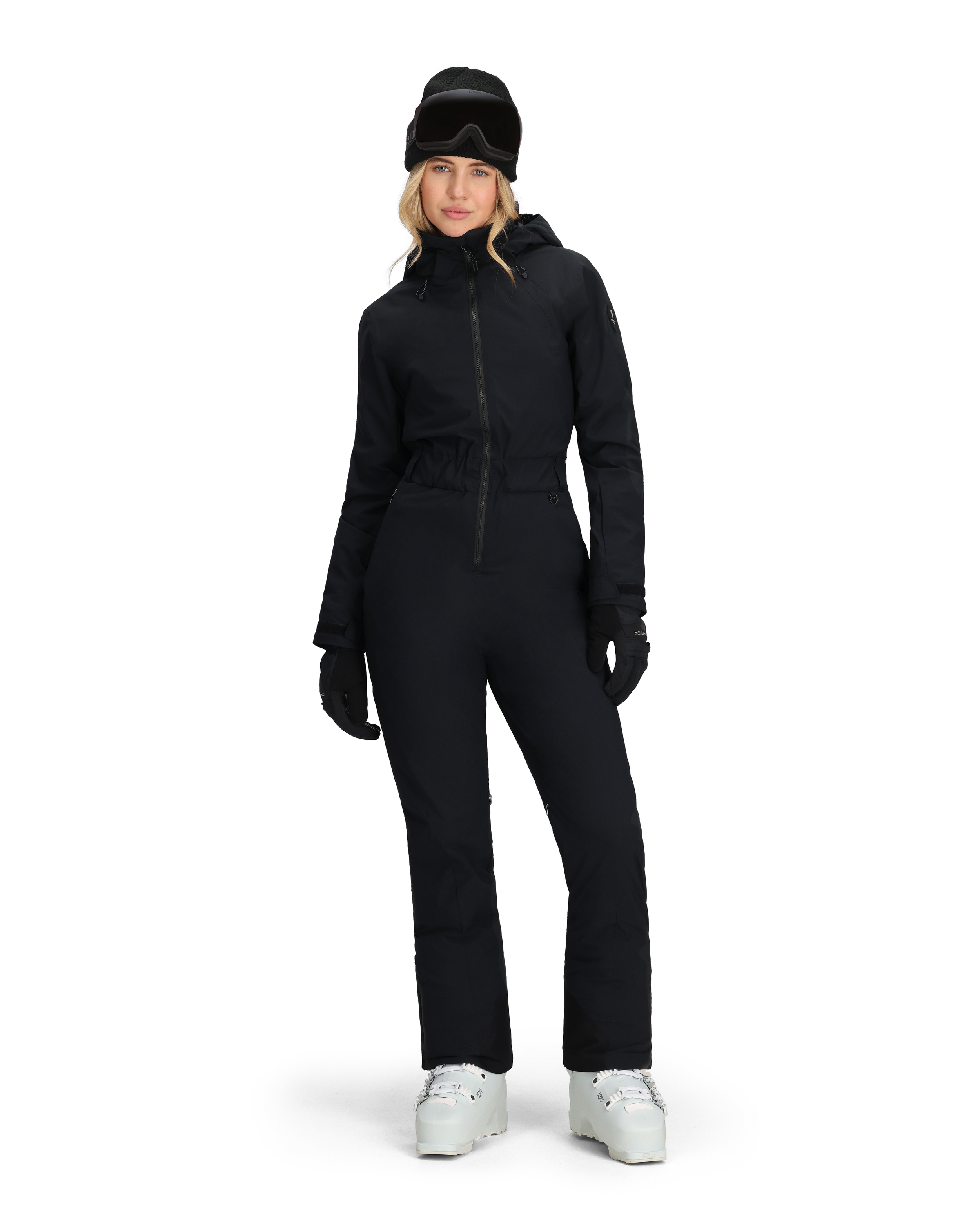 Women’s black insulated ski suit with hood and full front zipper, long sleeves, straight legs.