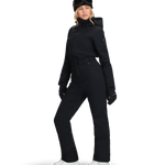 Women’s black insulated ski suit in side view, hooded jacket with full-length pants and pockets.