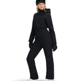 Women’s black insulated ski suit in side view, hooded jacket with full-length pants and pockets.