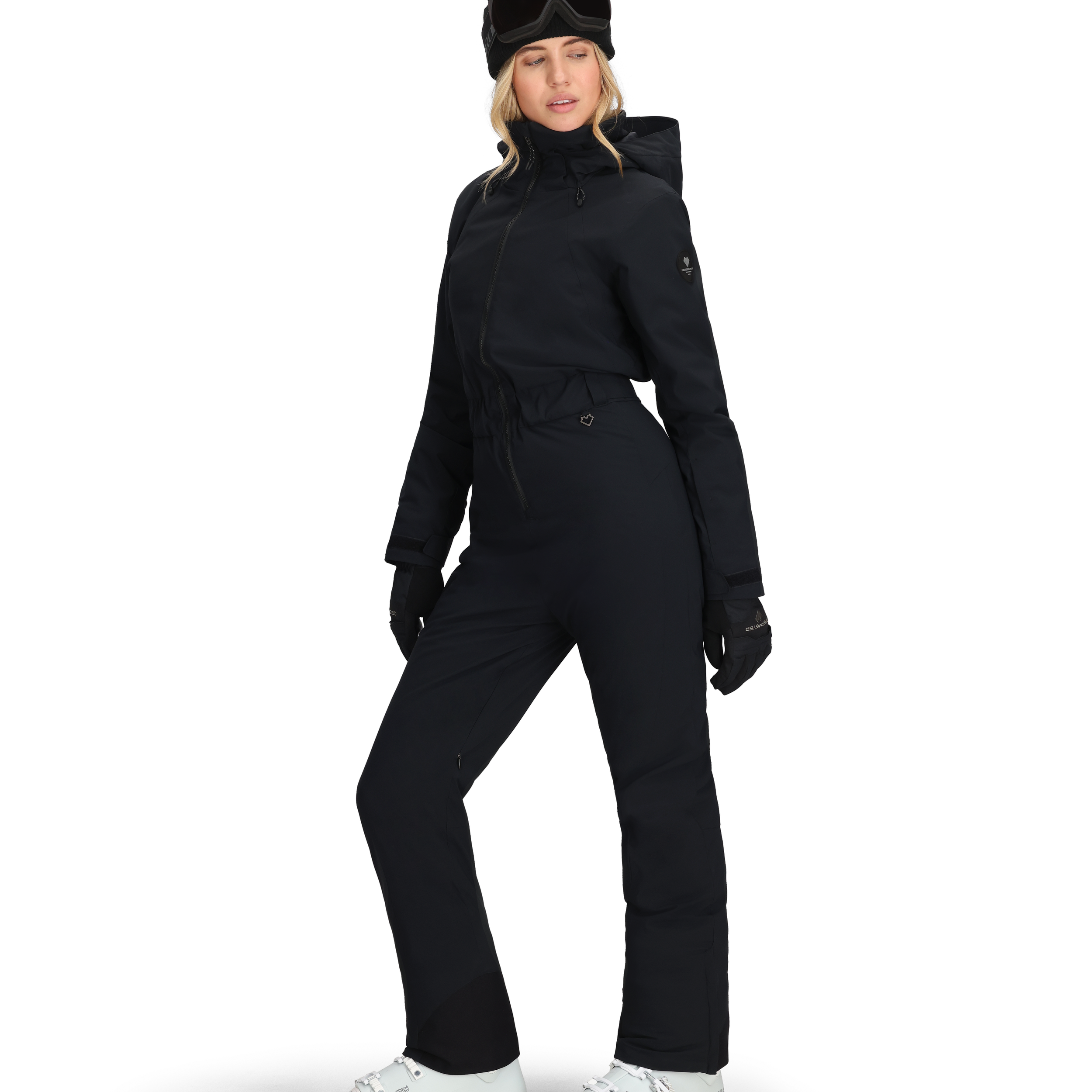 Women’s black insulated ski suit in side view, hooded jacket with full-length pants and pockets.