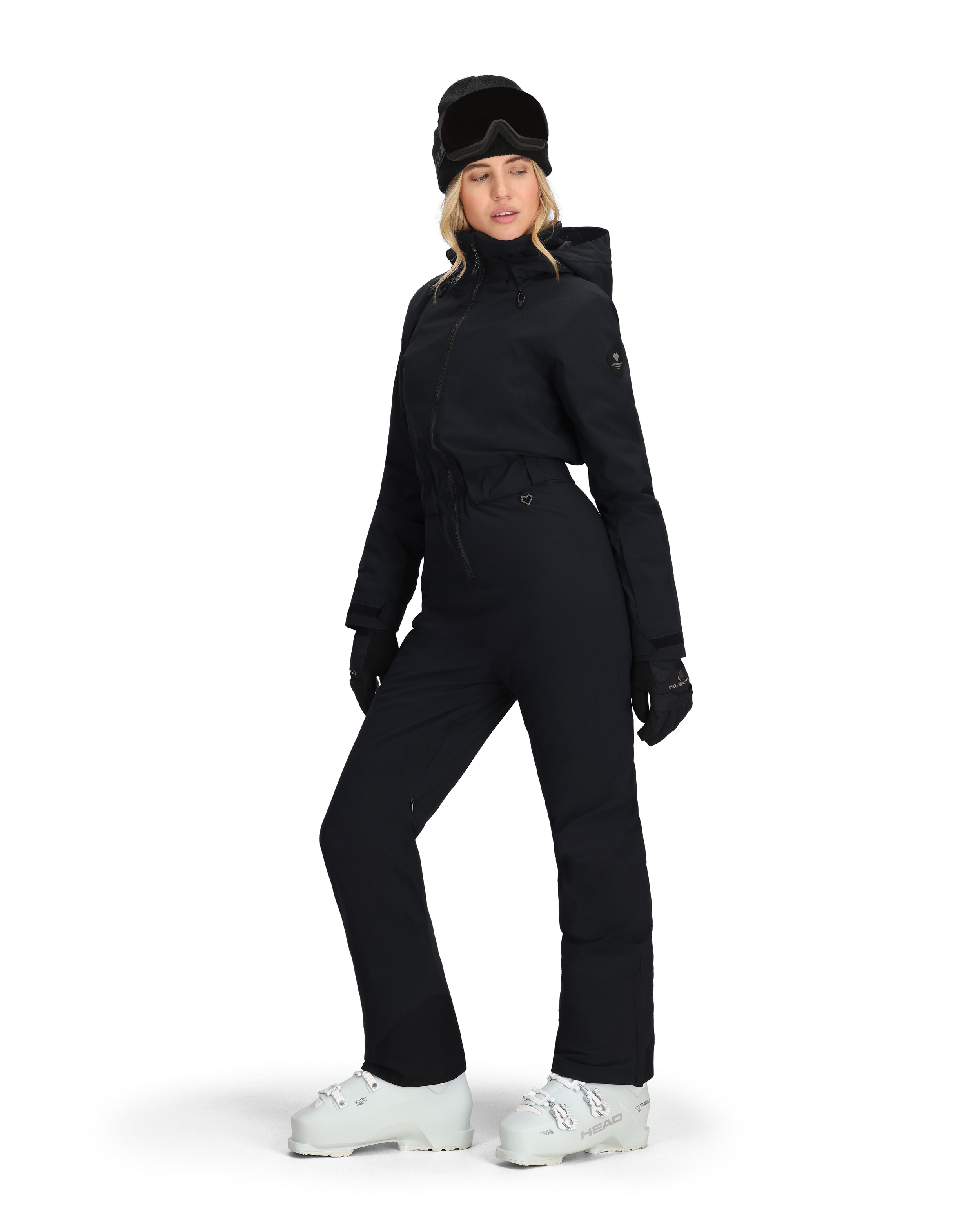 Women’s black insulated ski suit in side view, hooded jacket with full-length pants and pockets.