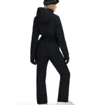Women’s black insulated ski suit back view with hood, long sleeves, and full-length pant legs.