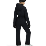 Women’s black insulated ski suit back view with hood, long sleeves, and full-length pant legs.