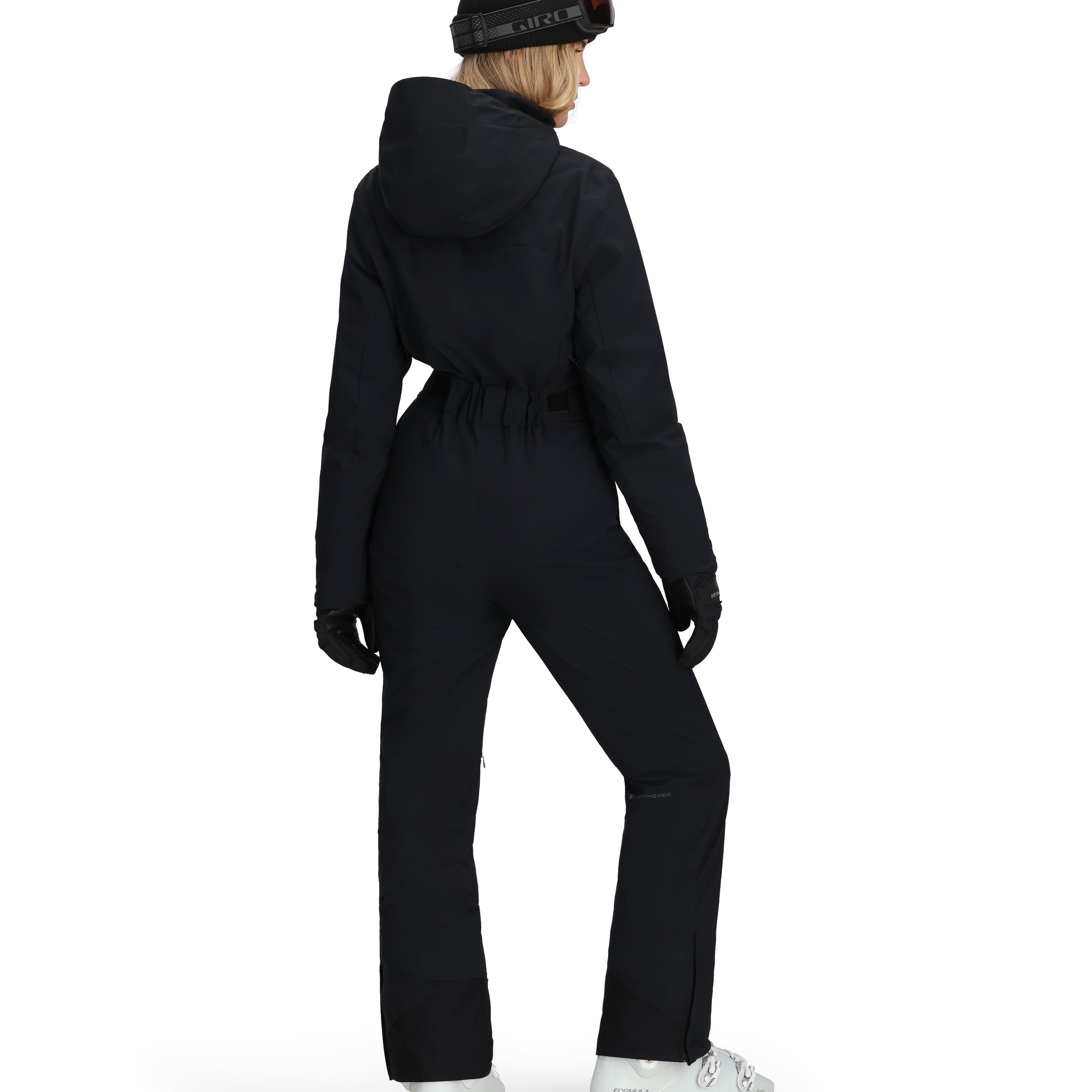 Women’s black insulated ski suit back view with hood, long sleeves, and full-length pant legs.