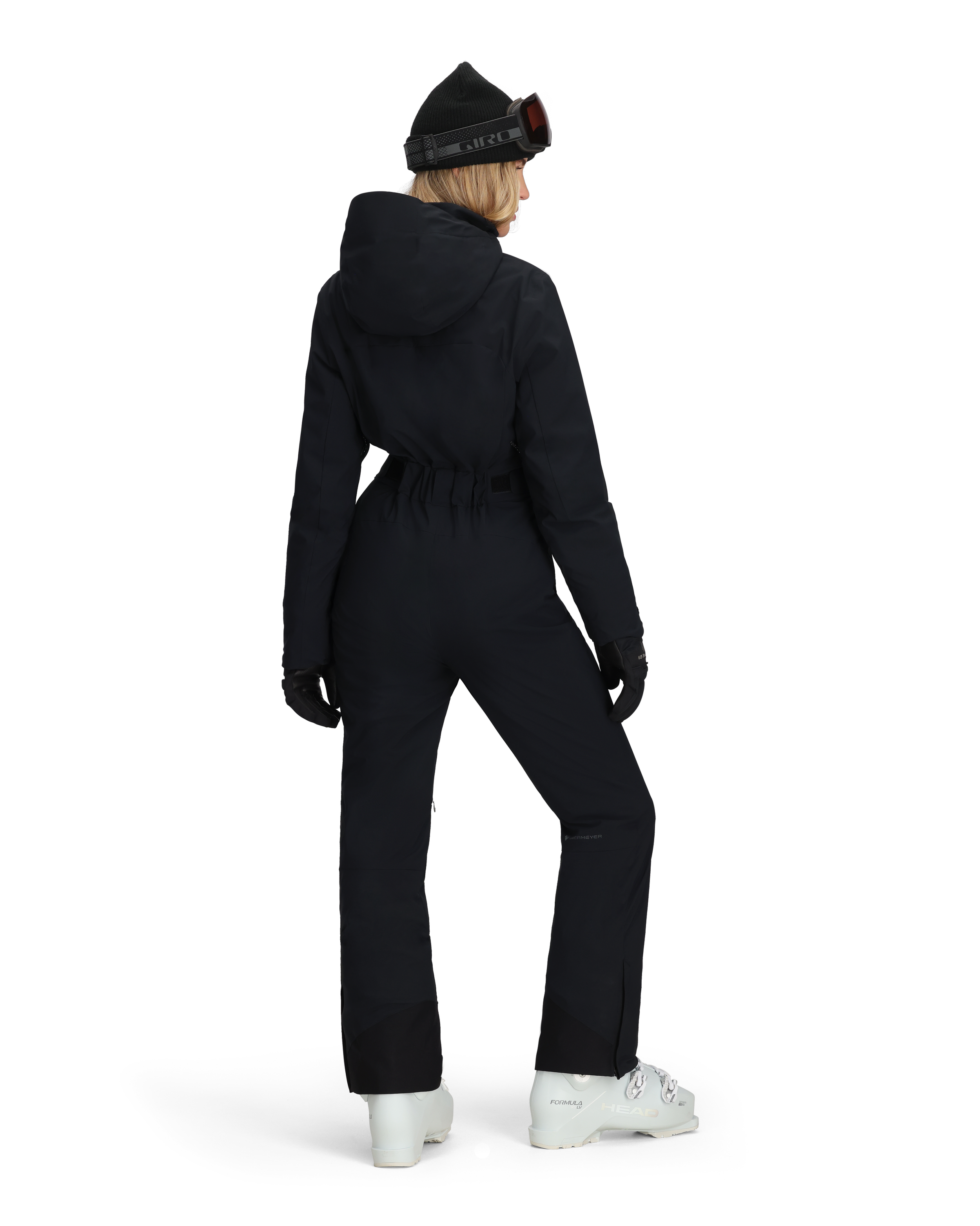 Women’s black insulated ski suit back view with hood, long sleeves, and full-length pant legs.