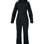 Women’s black insulated ski suit front view with hood, zip placket, and adjustable waist cinch.