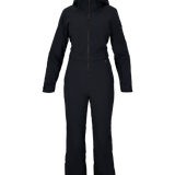 Women’s black insulated ski suit front view with hood, zip placket, and adjustable waist cinch.