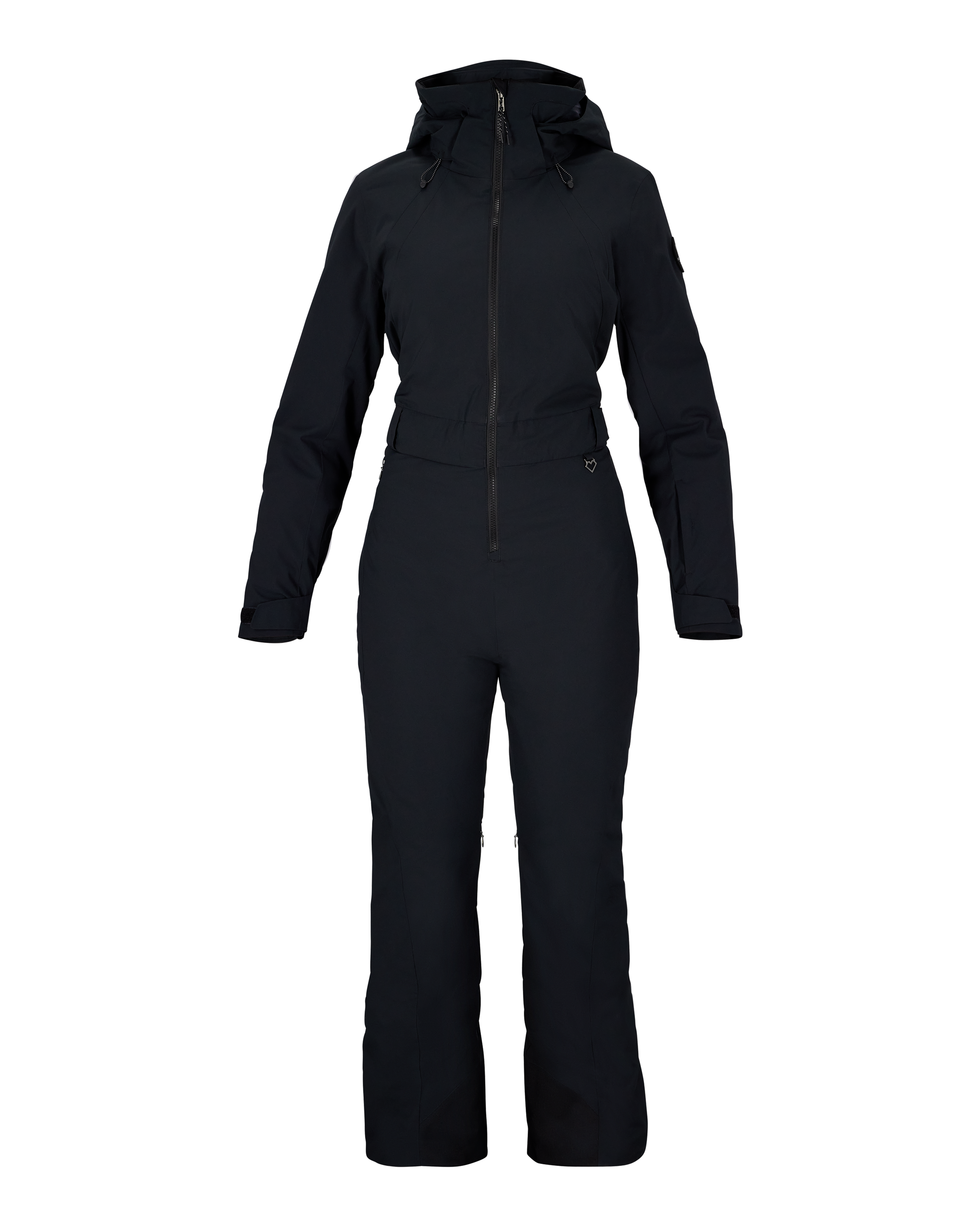 Women’s black insulated ski suit front view with hood, zip placket, and adjustable waist cinch.