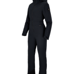 Women’s black insulated ski suit side view with hood, zip front, and adjustable cuffs and waist.