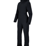 Women’s black insulated ski suit side view with hood, zip front, and adjustable cuffs and waist.