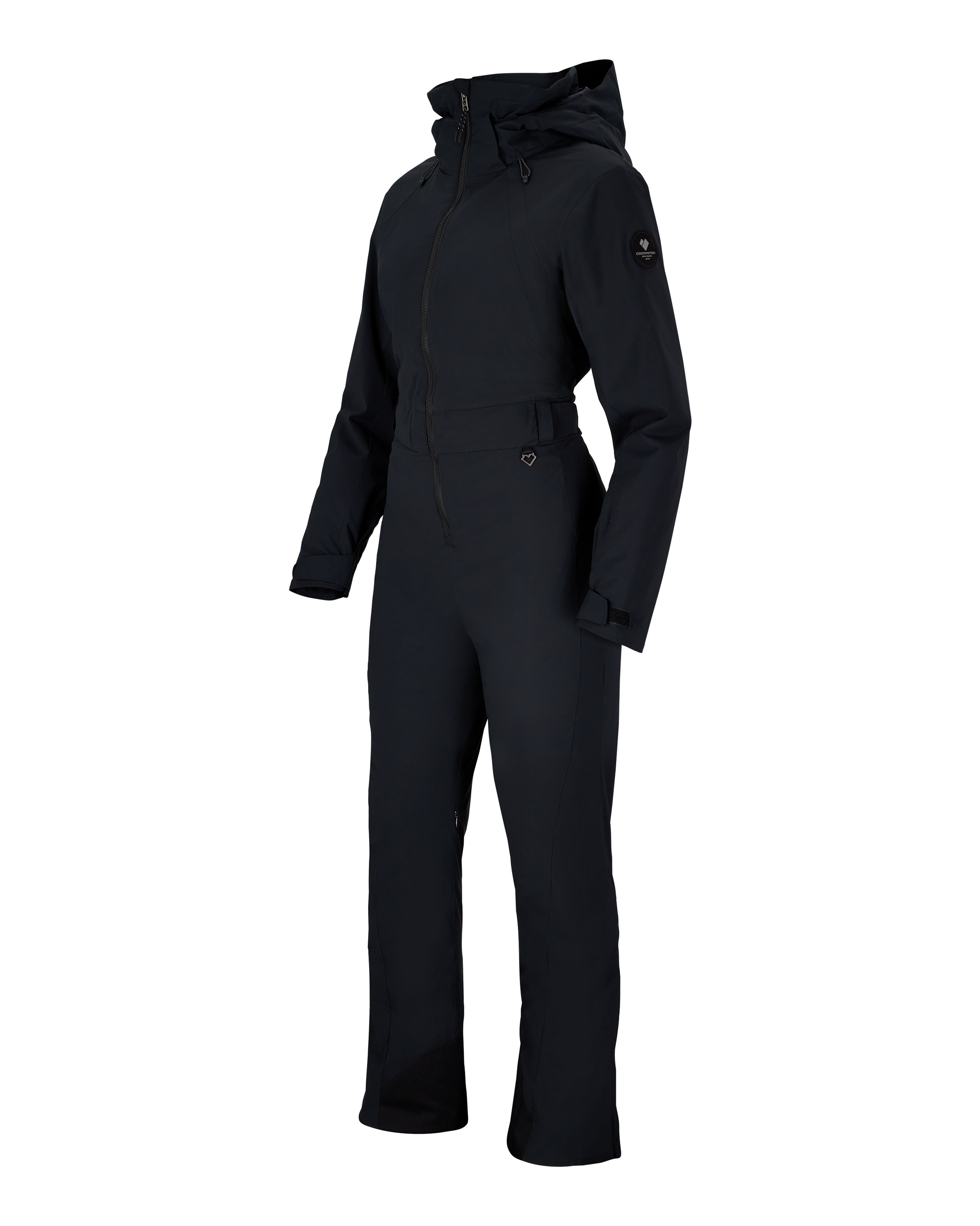 Women’s black insulated ski suit side view with hood, zip front, and adjustable cuffs and waist.